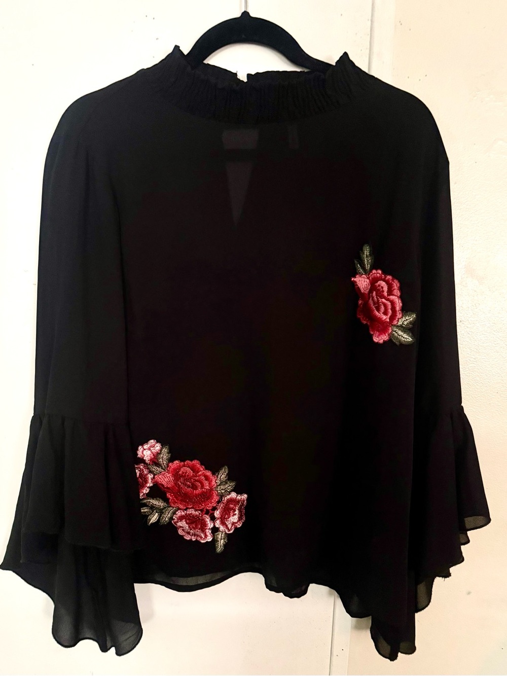 Black Floral Embroidered Ruffle Sleeve Top